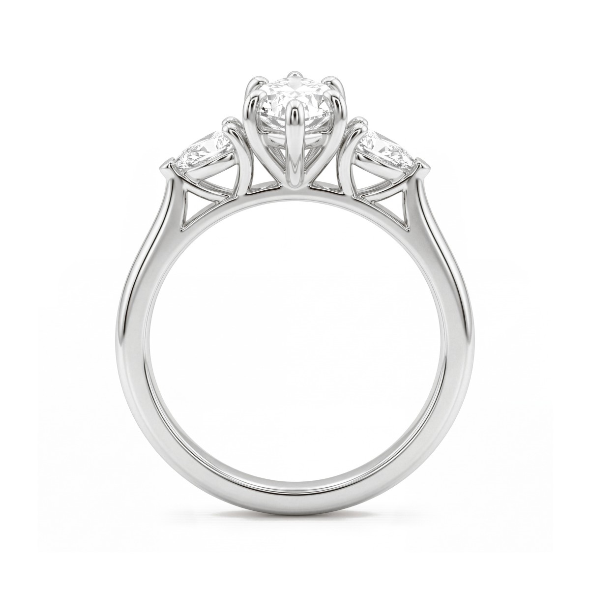 Navette - Inel de logodnă cu trei pietre, cu moissanit marquise și pietre laterale în formă de pară orientate spre exterior