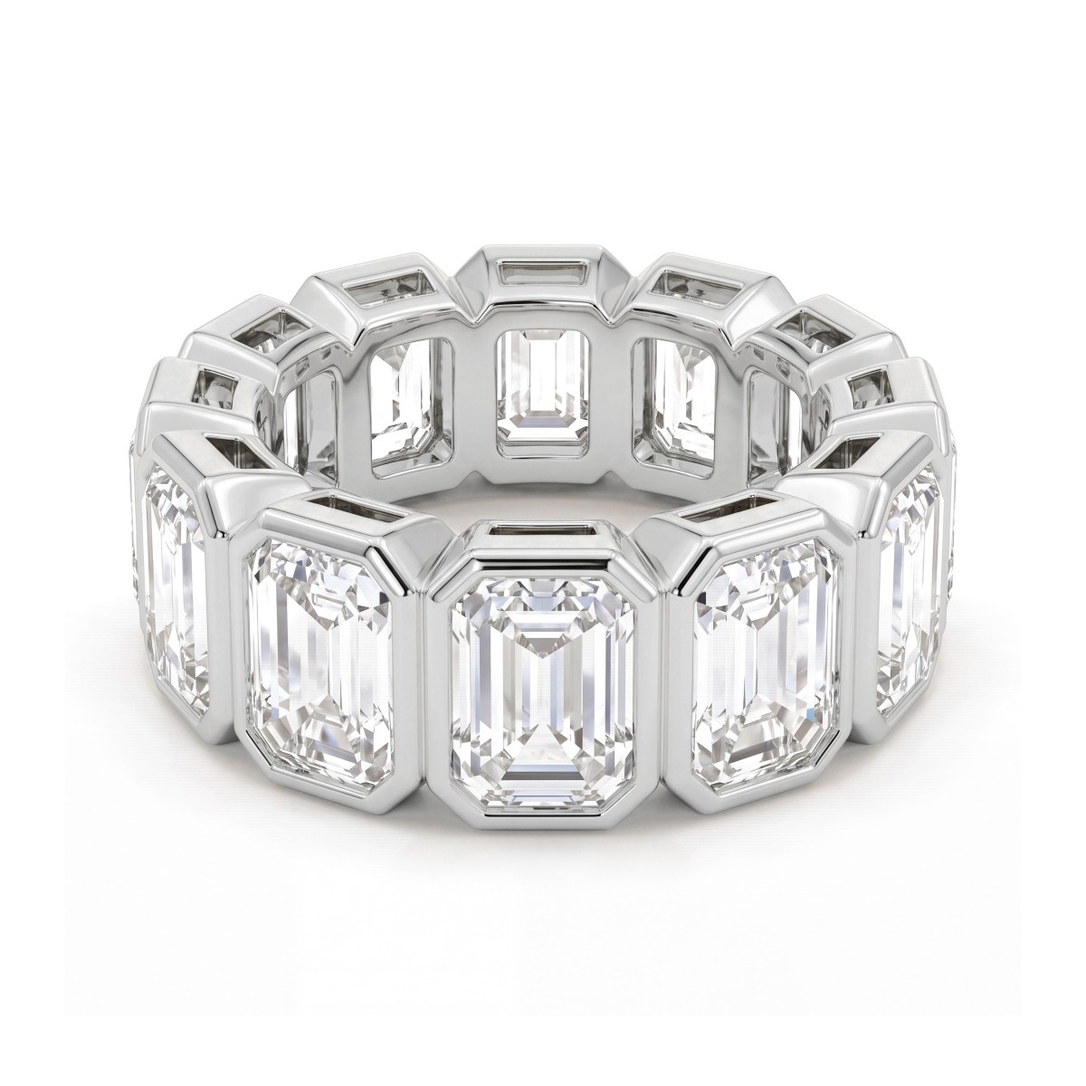 Devotion - Inel eternity complet cu moissanite cu tăietură emerald și monturi bezel