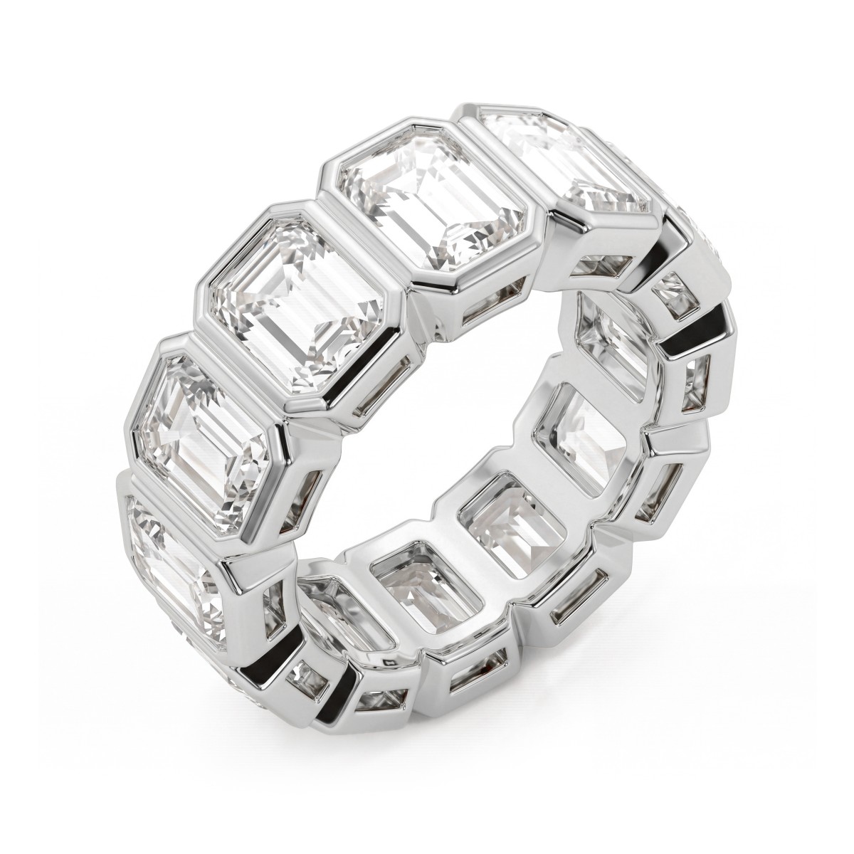 Devotion - Inel eternity complet cu moissanite cu tăietură emerald și monturi bezel
