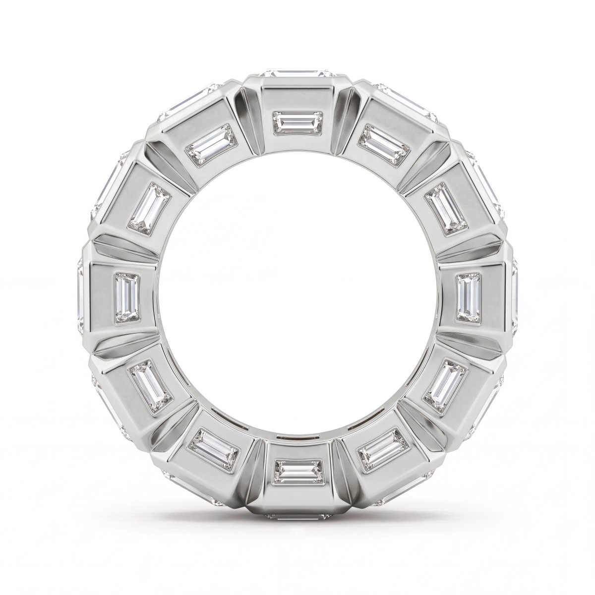 Devotion - Inel eternity complet cu moissanite cu tăietură emerald și monturi bezel