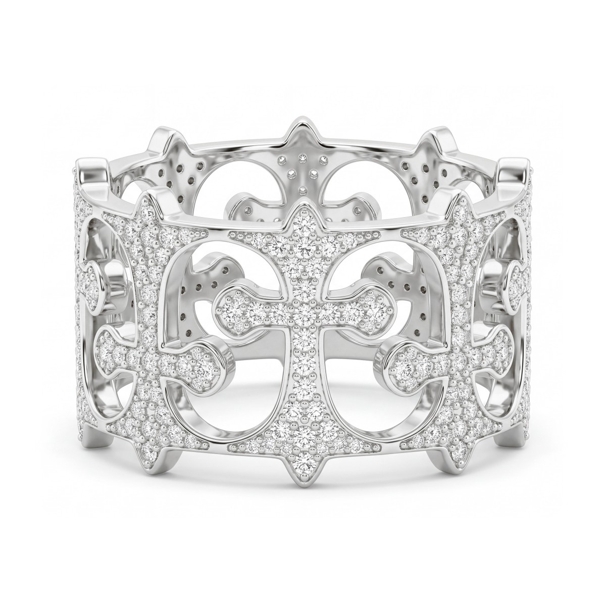 Templar - Inel eternity bărbătesc cu moissanite rotunde în montură pavé și cruci ajurate