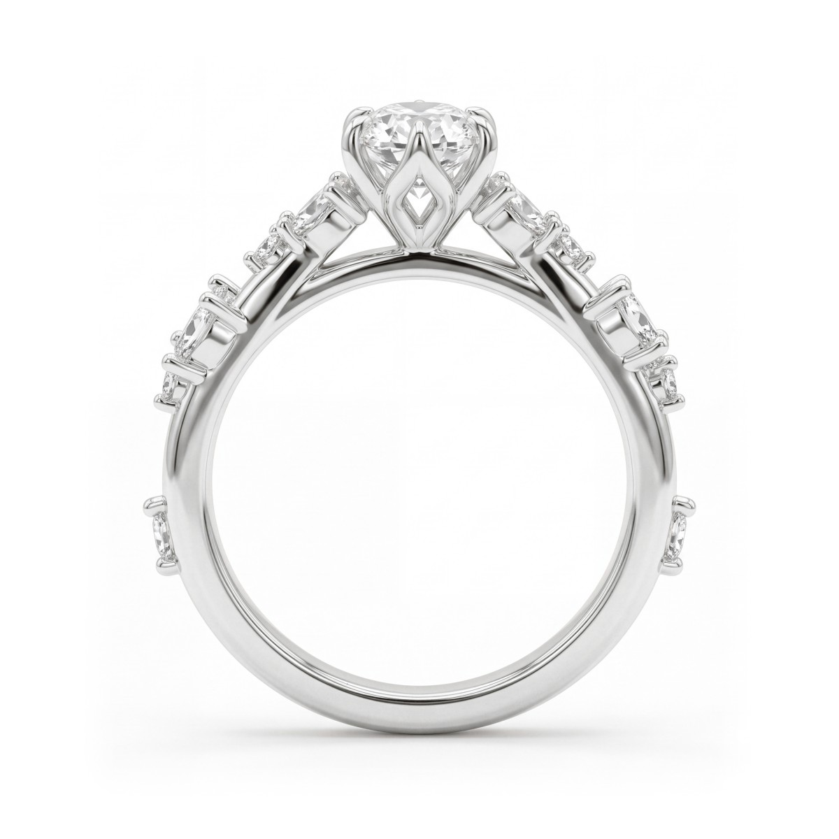 Sylvaine - Inel de logodnă cu moissanit oval, grupuri de pietre marquise în formă de frunze și șină despicată