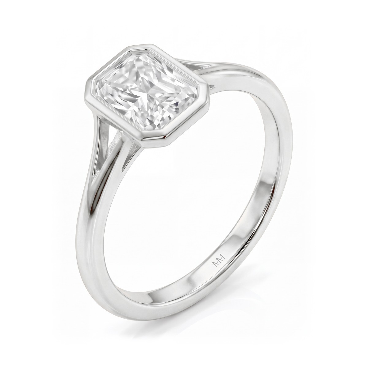 Linnea - Inel solitaire cu montură bezel, moissanit cu tăietură radiant și șină despicată