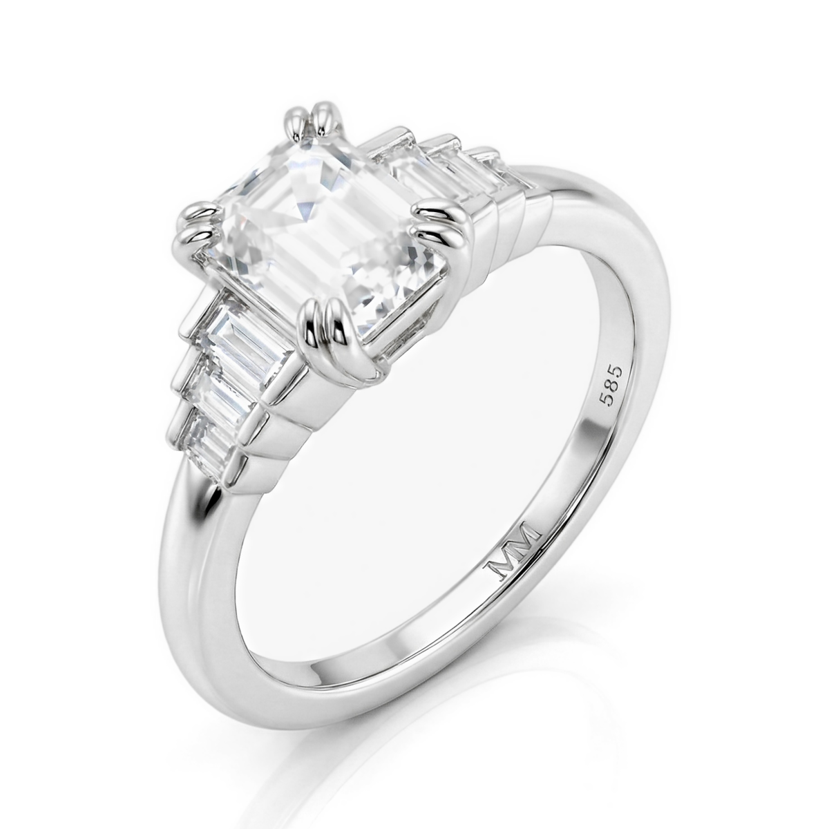 Rectanglo - Inel cu moissanit cu tăietură emerald și pietre secundare cu tăietură baghetă