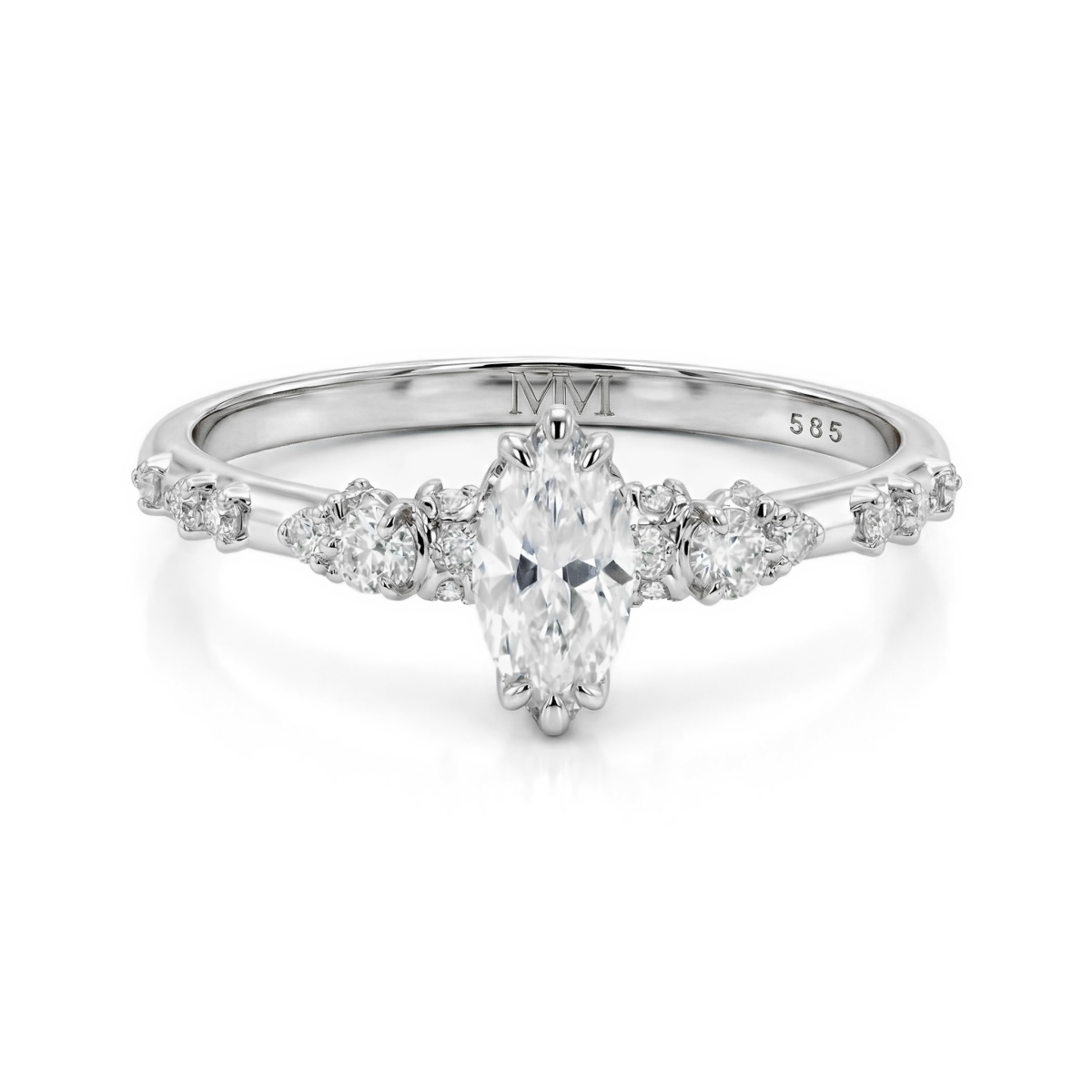 Elegante - Inel cu moissanit cu tăietură marquise și pietre laterale minimaliste de inspirație vintage