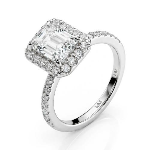 Esmeralda – Inel cu moissanit cu tăietură emerald în montură halo