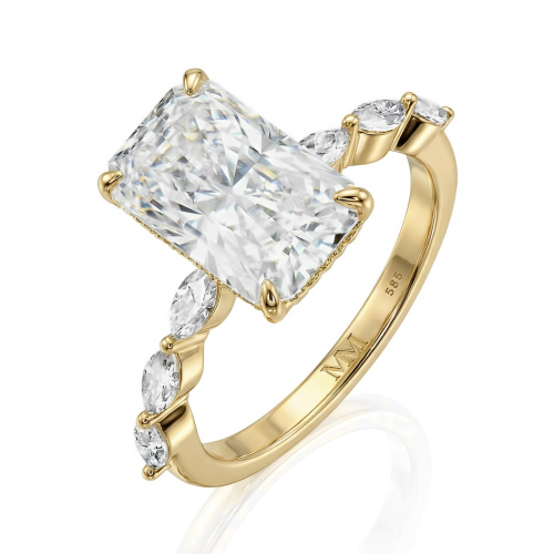 Luminaire - Inel cu moissanit cu tăietură radiant, pietre laterale marquise și halo ascuns