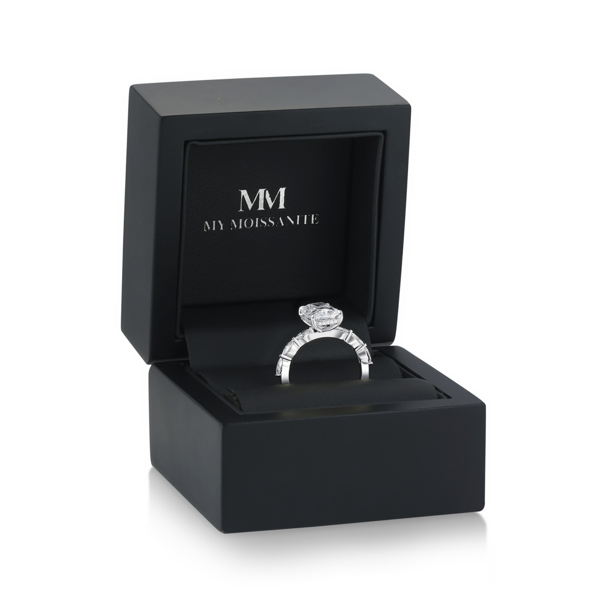 Luminaire - Inel cu moissanit cu tăietură radiant, pietre laterale marquise și halo ascuns